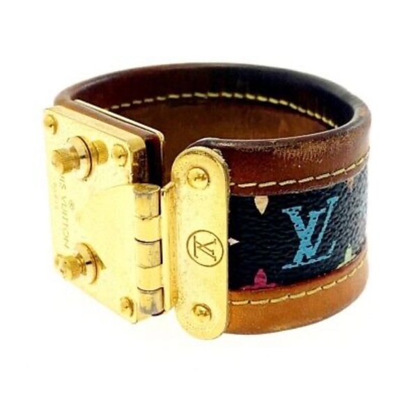 Jewelry - Louis Vuitton Black Multi Color Leather Cuff Statement Piece Gold Hardware